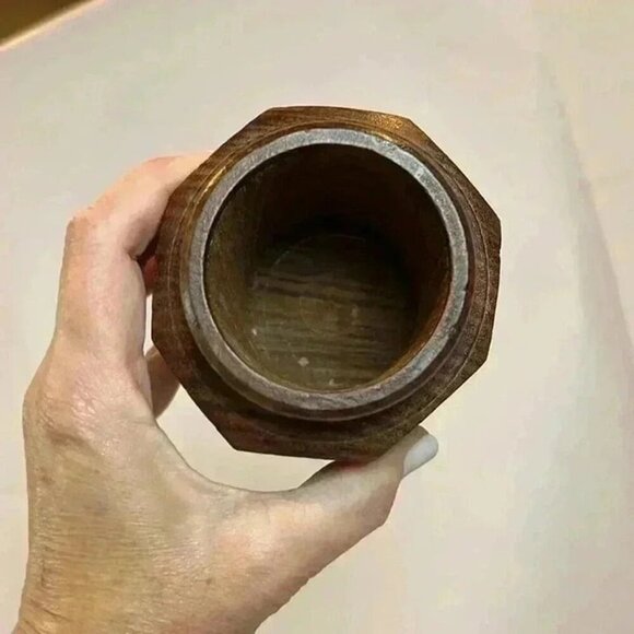 Wooden Octagonal Container Screw Lid Carved Floral Design - Picture 5 of 7